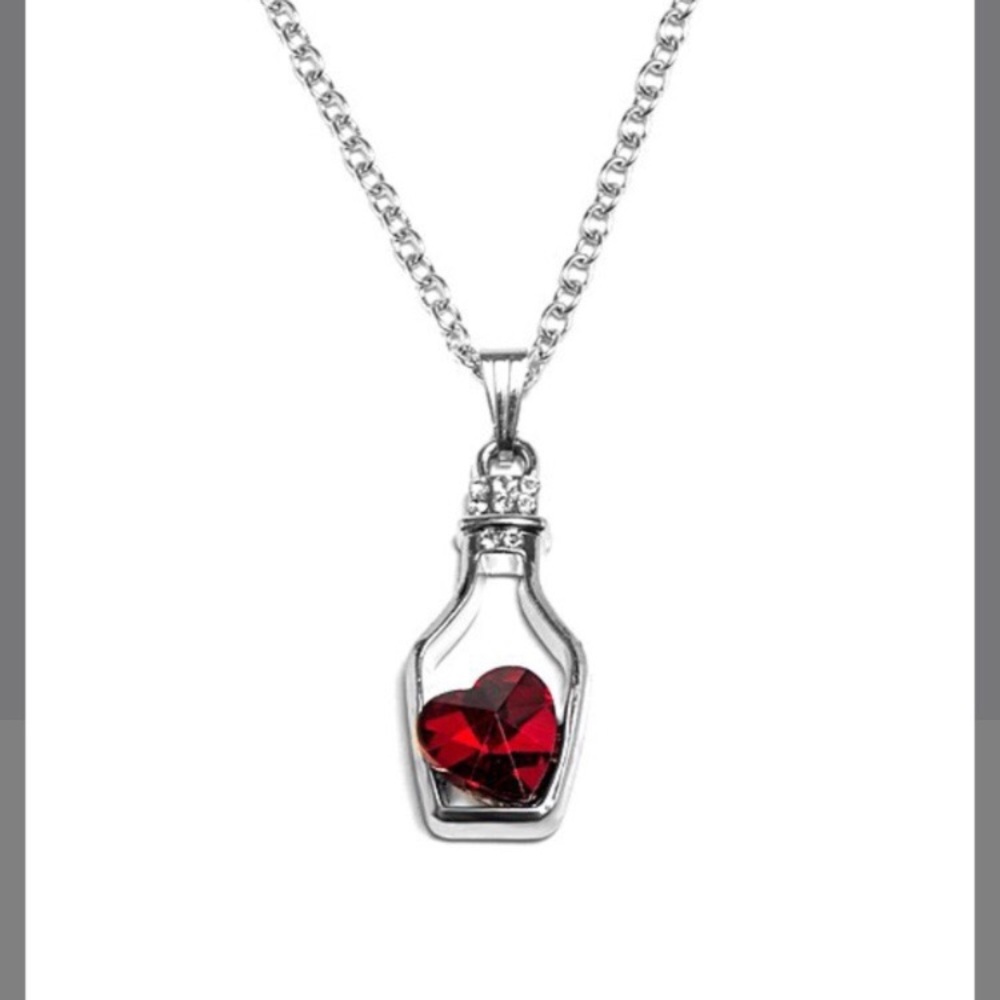 Silver “Red ❤️ in a Bottle” Necklace w/ Crystals - Picture 1 of 3